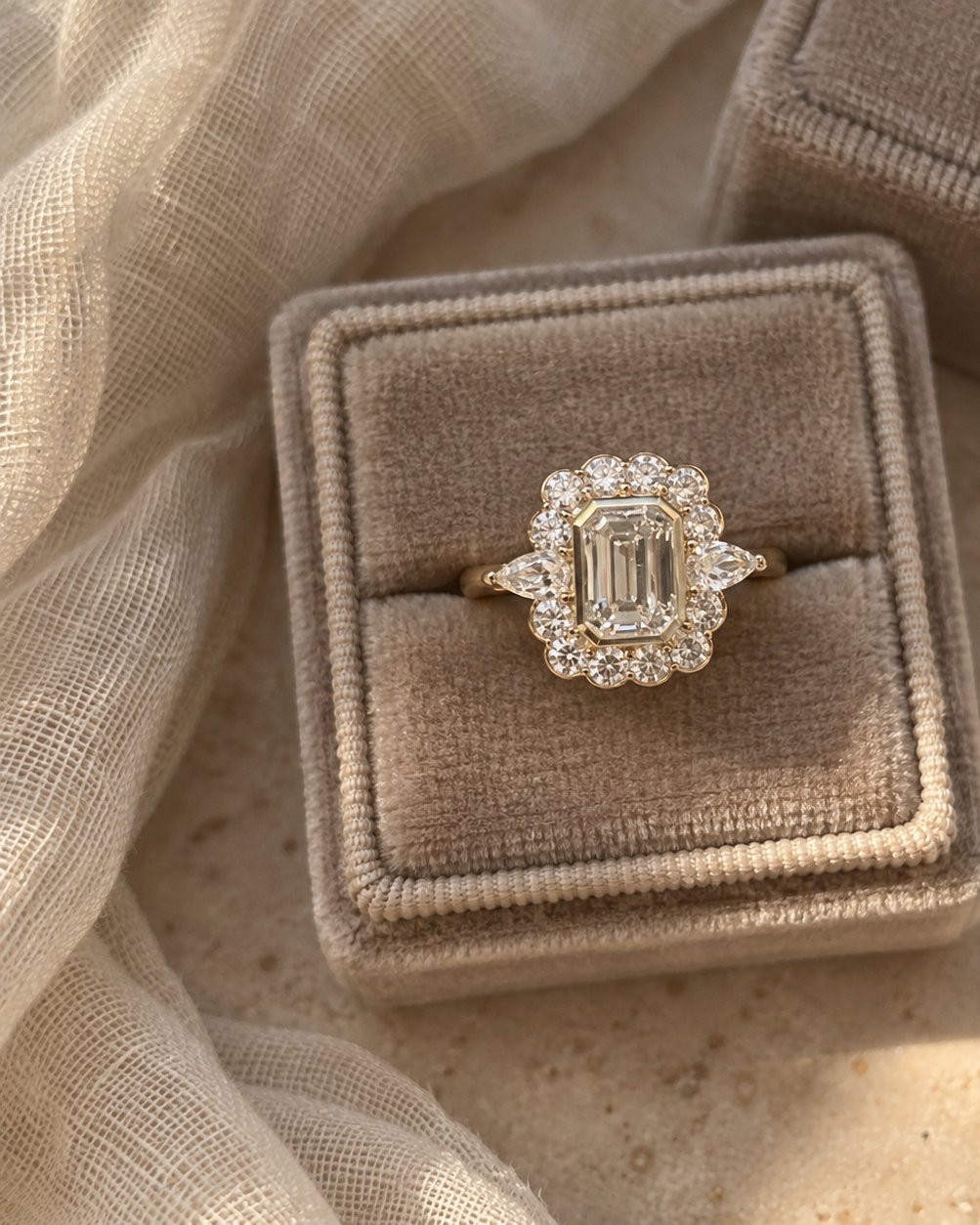 Aurora · Esmeralda con Halo · anillo de compromiso en Oro 18k amarillo con Diamante, vista 3
