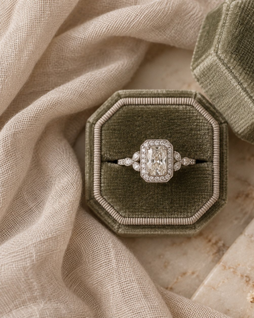 Gemma · Esmeralda con Halo · anillo de compromiso en Platino con Diamante, vista 2