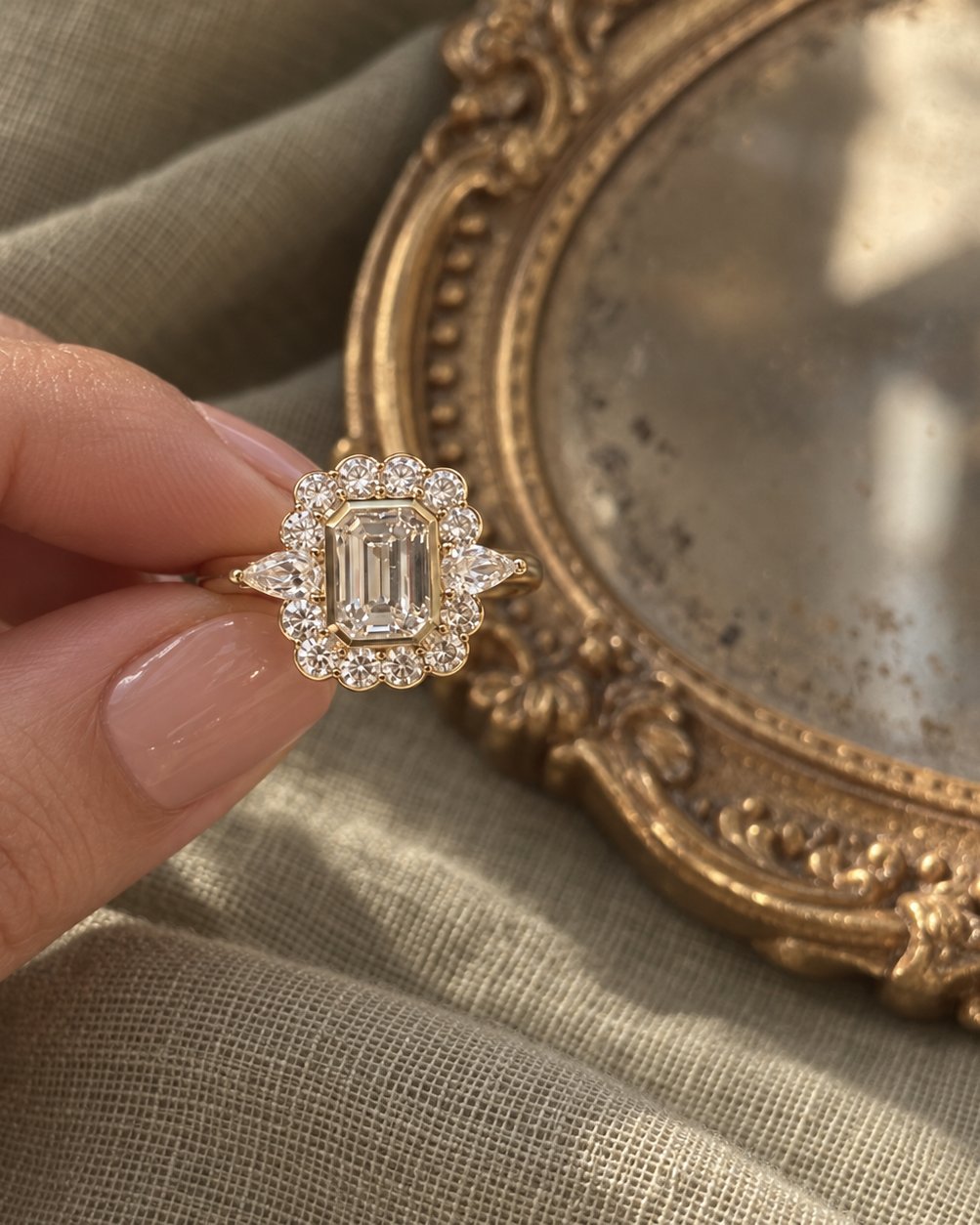 Aurora · Esmeralda con Halo · anillo de compromiso en Oro 18k amarillo con Diamante, vista 2