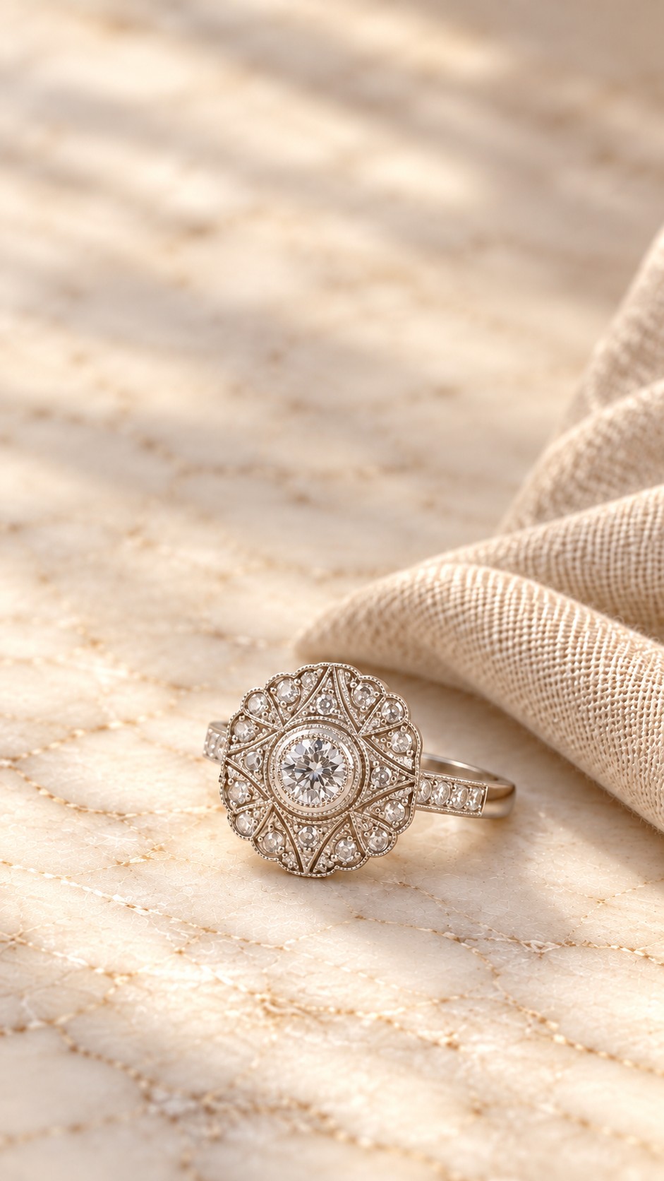 Anillo de compromiso de inspiración vintage con diamantes sobre mármol y lino