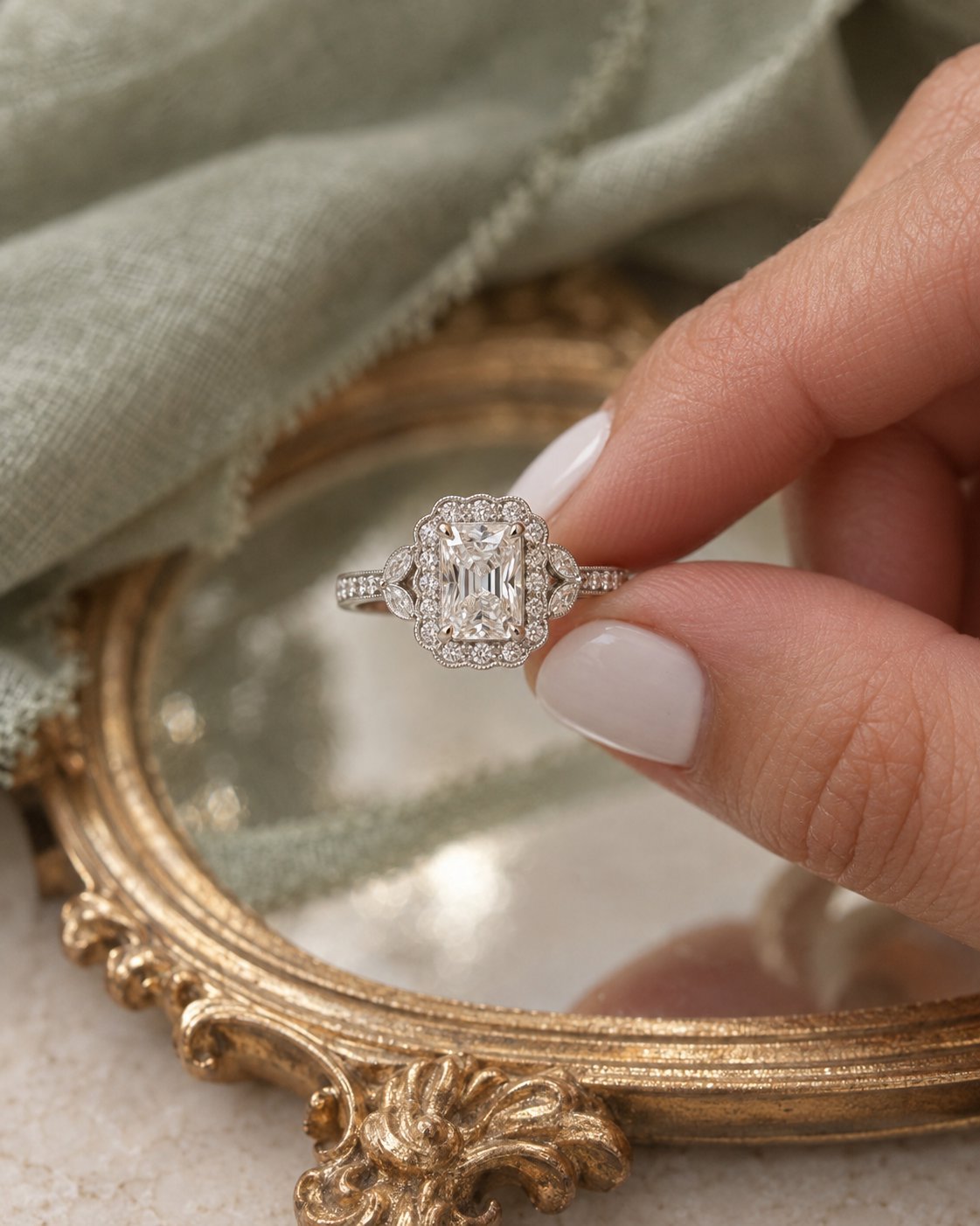 Gemma · Esmeralda con Halo · anillo de compromiso en Platino con Diamante, vista 3