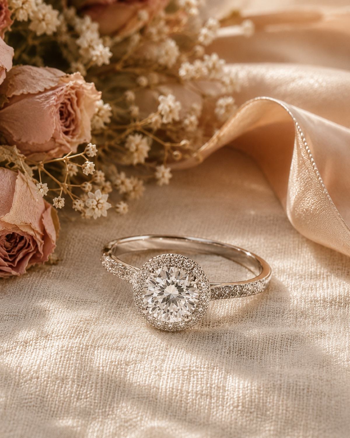 El Alado, anillo de halo redondo en oro blanco
