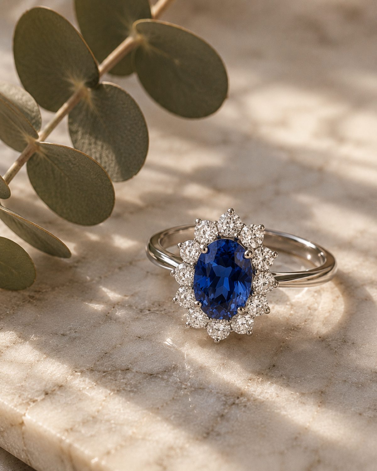 El Real, anillo con zafiro azul ovalado y cluster de diamantes