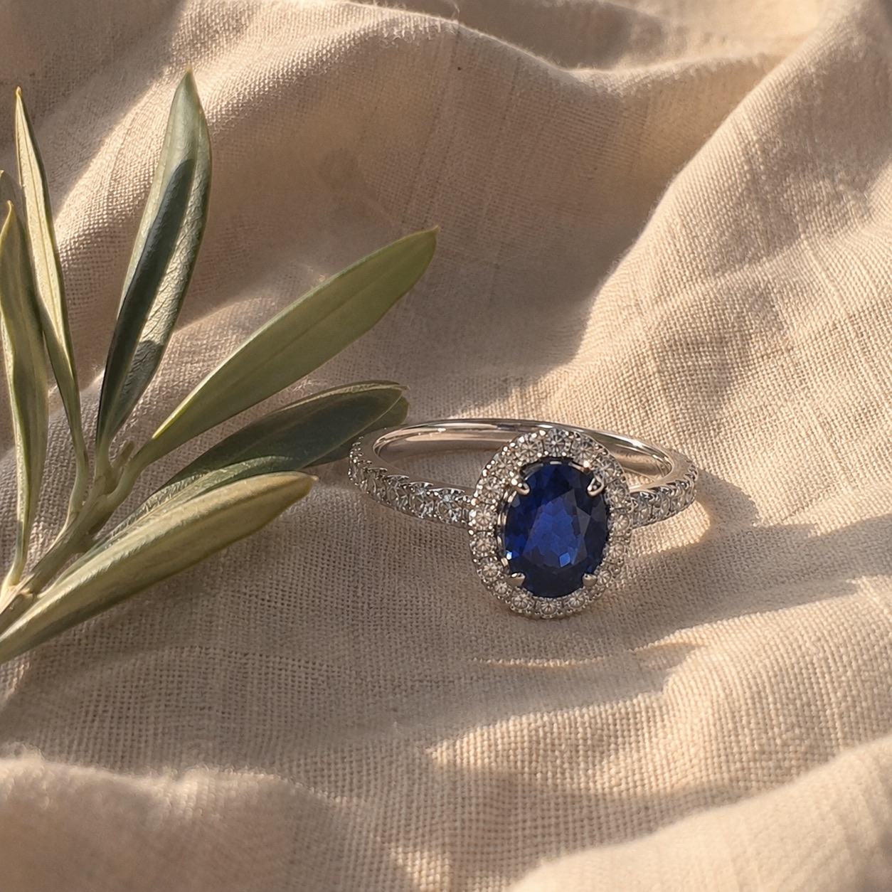 Halo Oval Zafiro Platino, Zafiro azul oval, Halo pavé, Platino