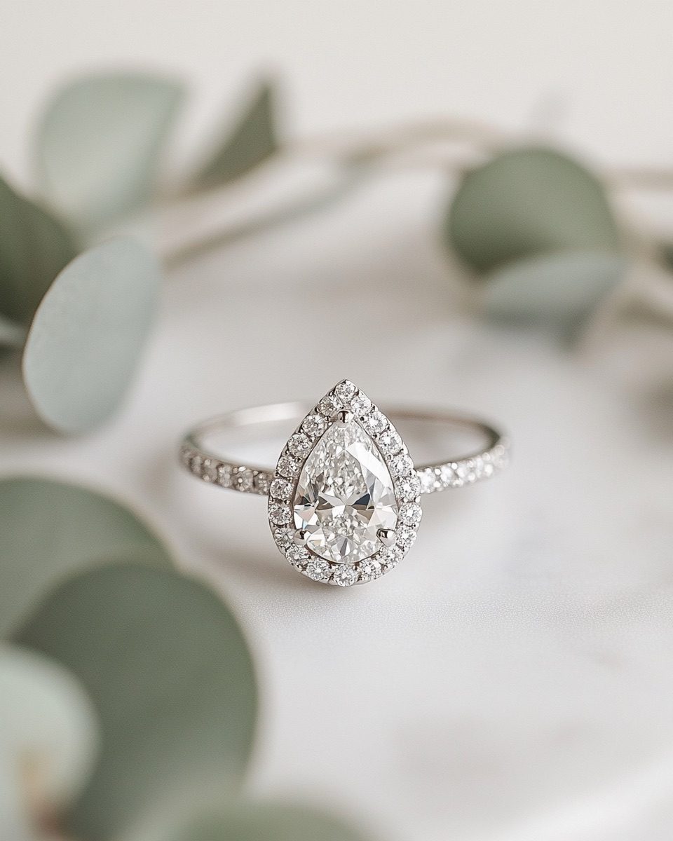 Halo Pera Diamante Platino, Diamante pera, Halo pavé, Platino