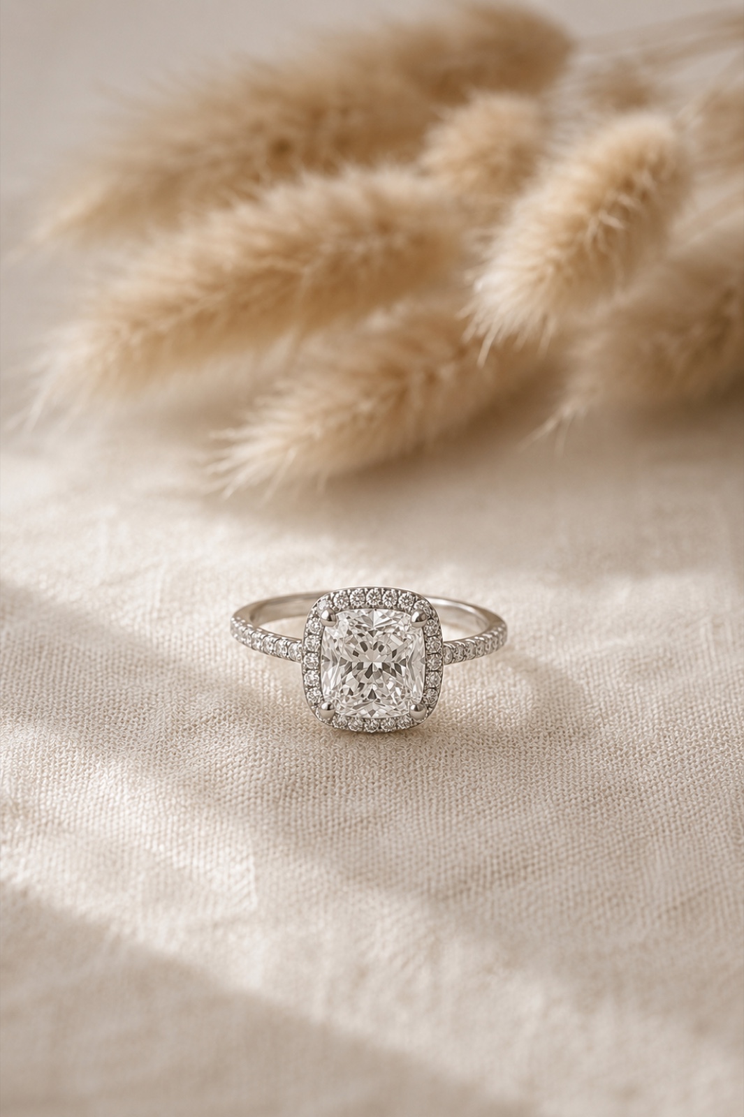 Valentina · Halo Cushion, Oro 18k blanco, Diamante corte cushion central, halo de diamantes, banda con pavé
