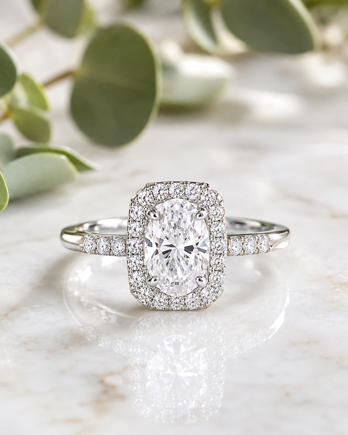 Marina · Halo Oval, Oro 18k blanco, Diamante oval central, halo de diamantes, banda con pavé