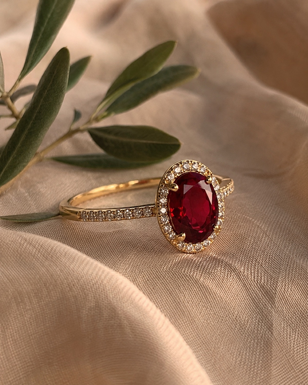 Flora · Halo Rubí, Oro 18k amarillo, Rubí oval central, halo de diamantes, banda con pavé