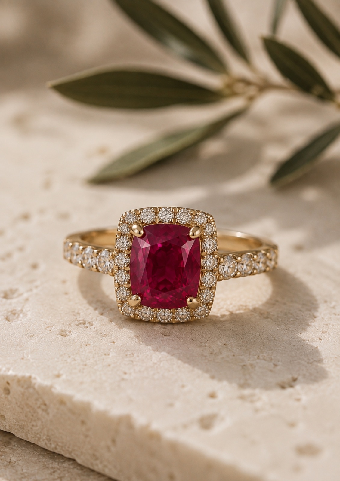 Elena · Halo Cushion Rubí, anillo de compromiso en oro 18k amarillo con rubí, Gia Solari Joyas Santiago